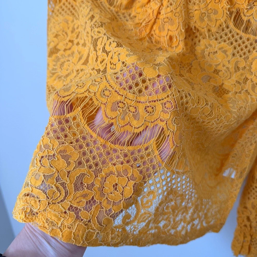 Golden Yellow Sheer Floral Lace Blouse Victorian Romantic‎ Boho Festival Top MED